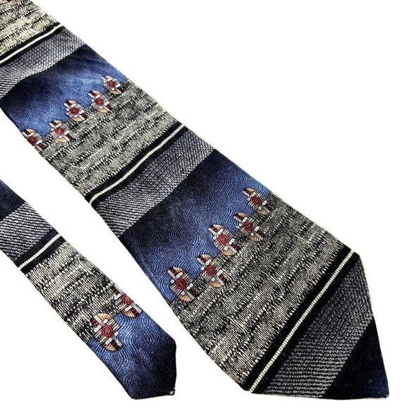 Chez Roffe‎ Silk Tie Print Gray Blue Wide - Picture 1 of 6